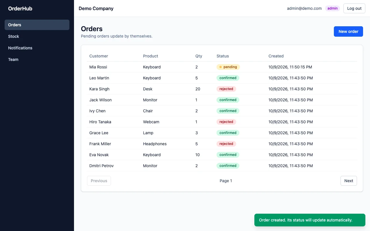OrderHub New order screen